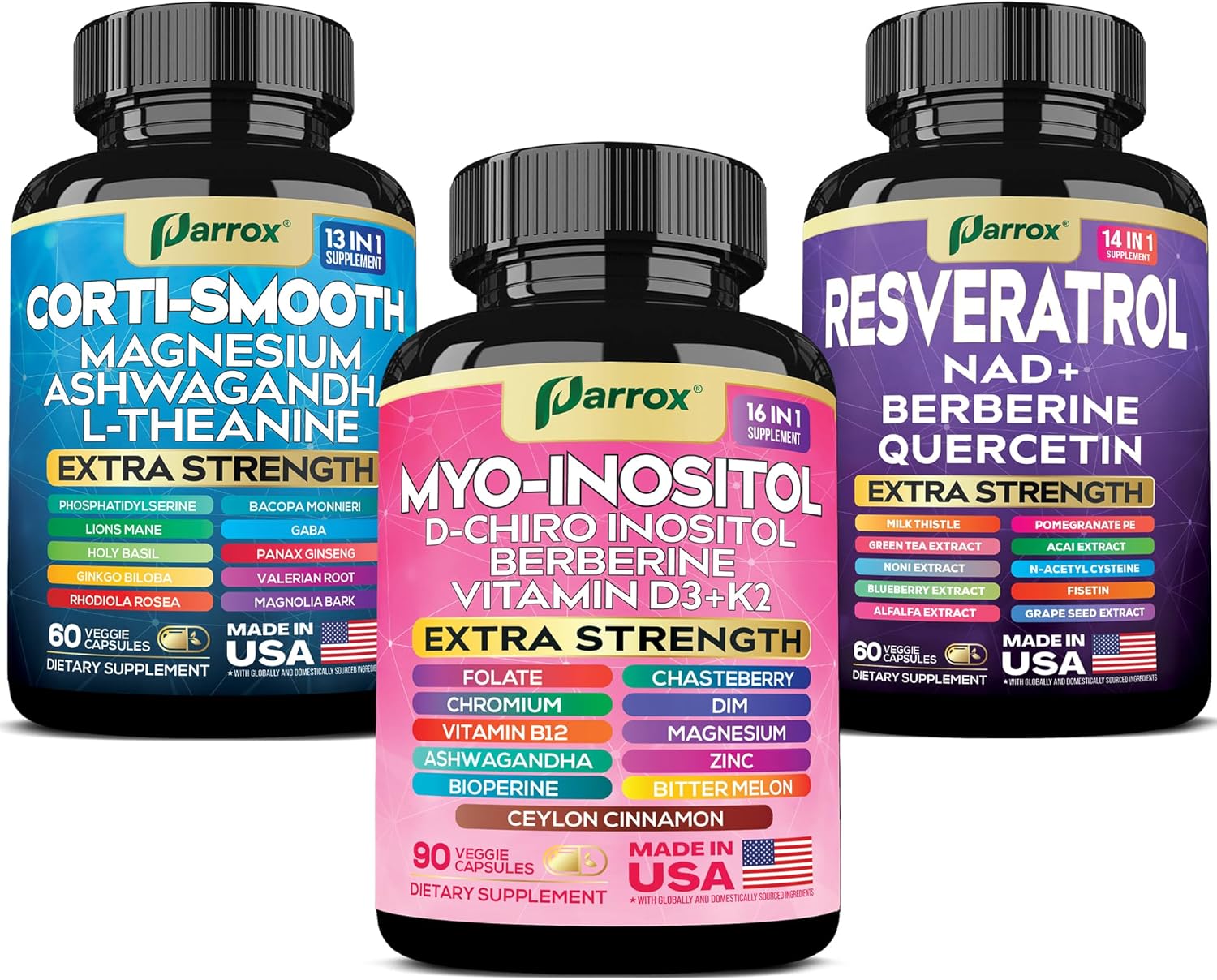 Cortisol & Myo-Inositol + Resveratrol – Cortisol Balance, Hormonal Support & Mood Aid with Ashwagandha, L-Theanine, D-Chiro Inositol, NAD+, Berberine & Antioxidant-Rich Resveratrol Complex
