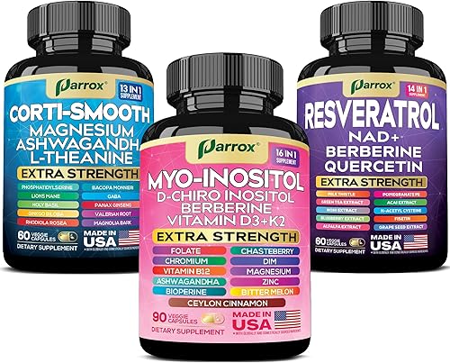 Cortisol y mio-inositol + resveratrol - Equilibrio de cortisol, apoyo hormonal y ayuda para el estado de ánimo con Ashwagandha, L-teanina, D-Chiro