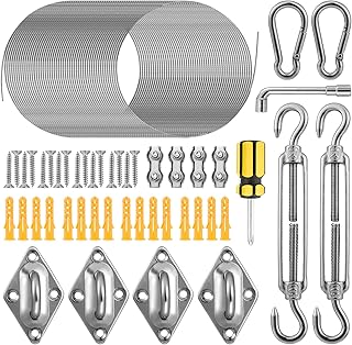 47 Pcs Sun Shade Hardware Kit for Rectangle Triangle Sun Shade, 6 Inch 304 Heavy Duty Marine Stainless Steel with 50 Ft Wire Rope, Sun Shade Sail Installation for Outdoor Patio Lawn Garden