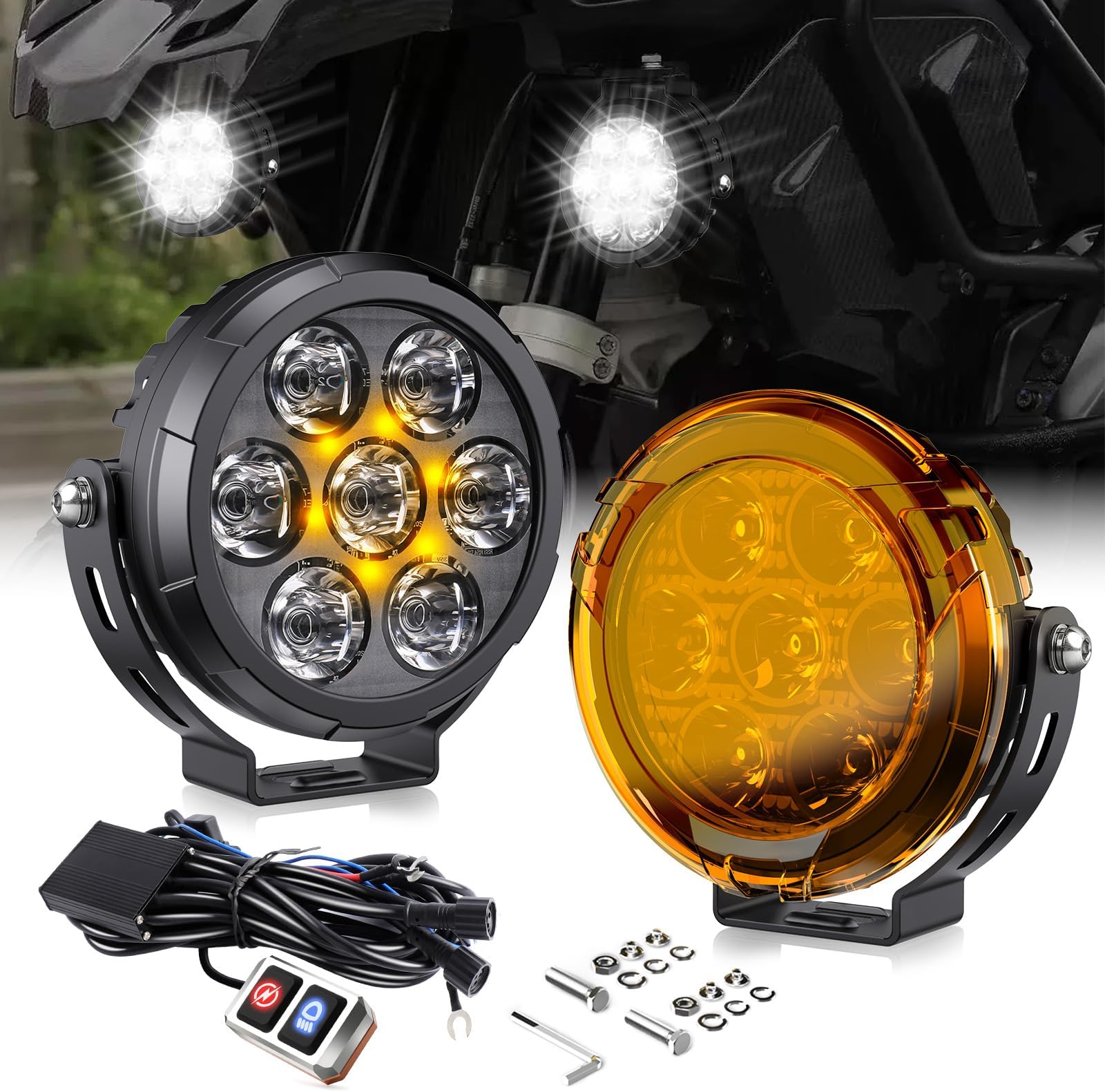 COLIGHT 4.5 Inch Motorcycle LED Driving Lights - 100W 25000 LM Round Pod With Waterproof Wiring Harness Kit - Offroad Work Spotlight With Amber Protection Cover - 2 Pack