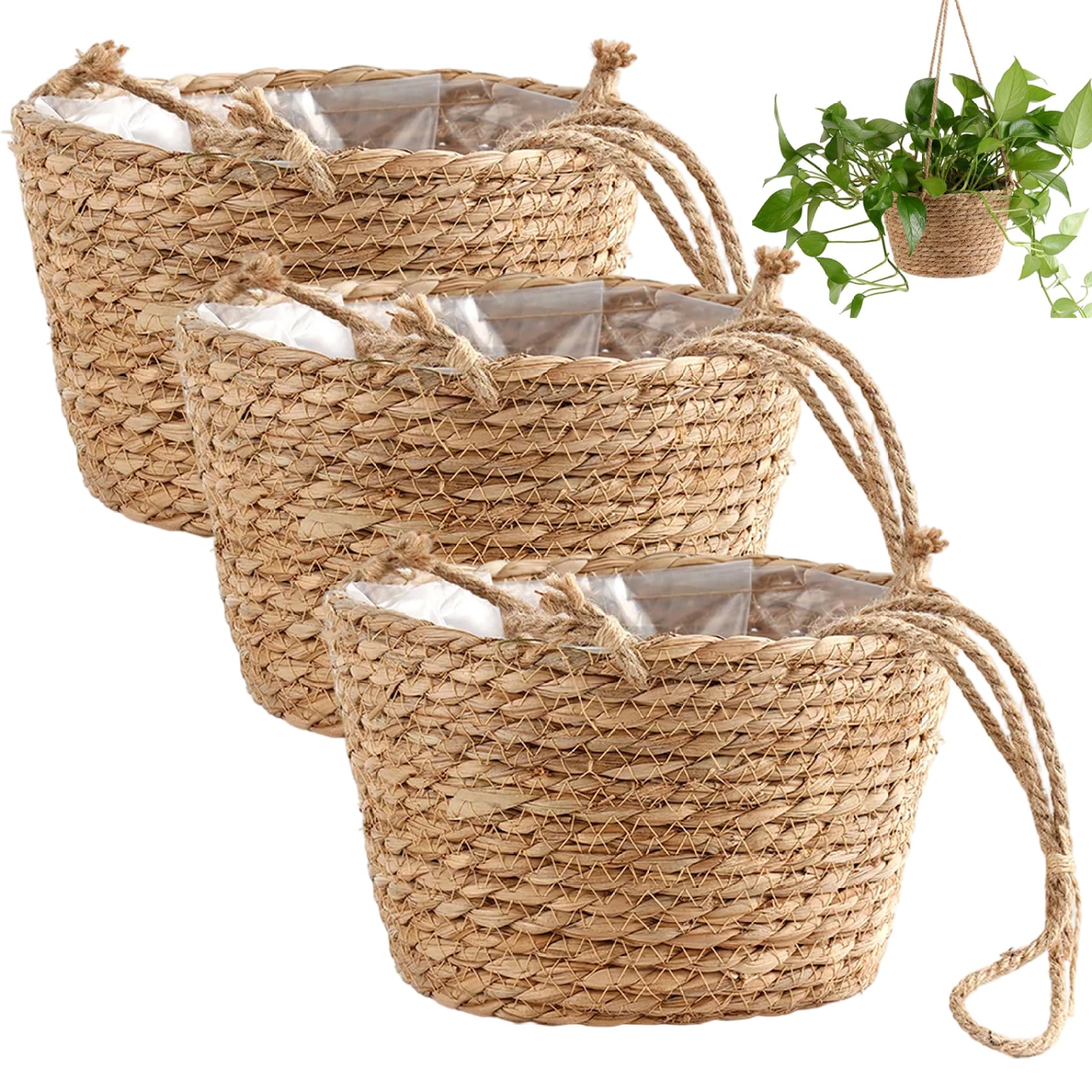Ameble 3PCS Plant Hanging Basket 8x5in Woven Hanging Planter with Rope Boho Rustic Basket Planter for Indoor Home Pots Plant Holder Baskets Indoor Flower Pots Hangin