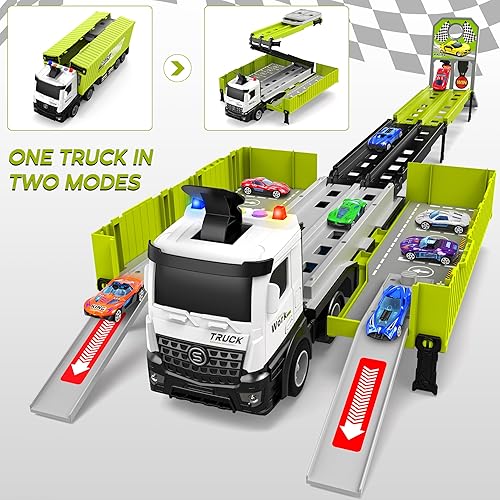 Miniatura 5 de Camión transportador de carreras de juguete para niños, plegable de 3 capas, juego de pista de carreras de autos de juguete y 8 autos de carreras,