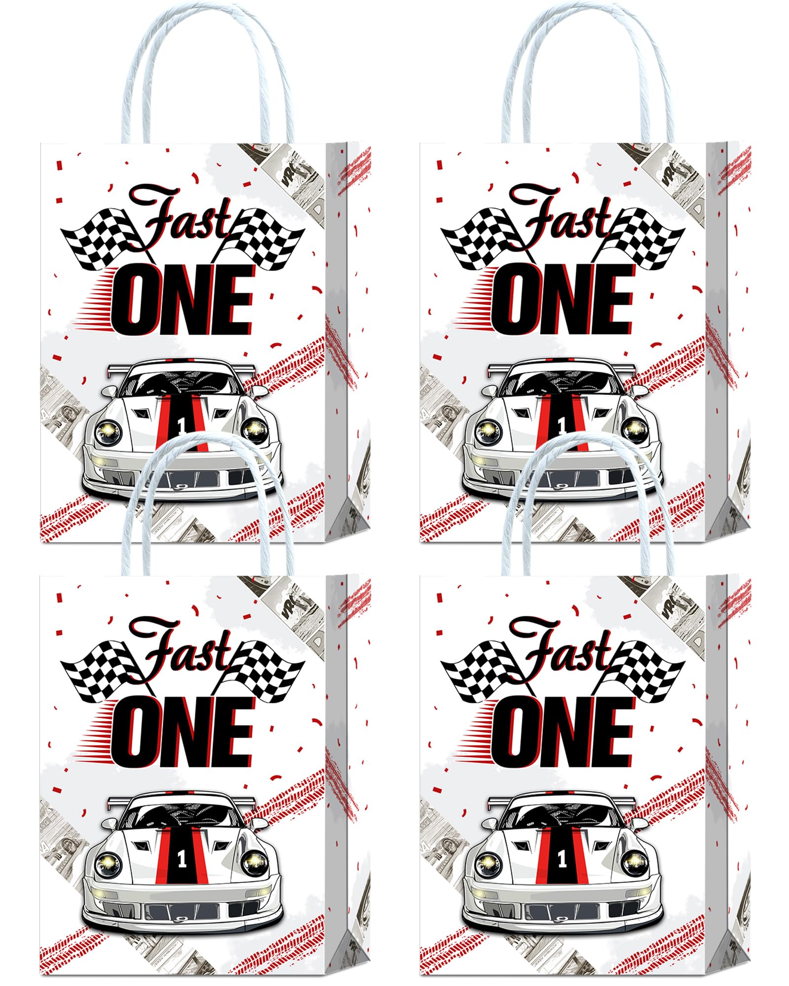 Tyndallrays 16 Pieces Red 1st First Racing car Birthday Goodie Bags for 1st Birthday Party Supplies,Fast One Race Car Theme Gift Snacks Treat Candy