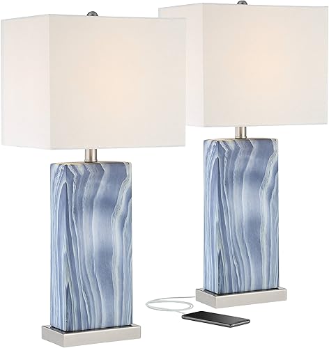 Miniatura 2 de 360 Lighting Connie Mid Century Modern Table Lamps 25" High Set of 2 with USB Charging Port White Faux Marble Rectangular Shade for Living Room Desk