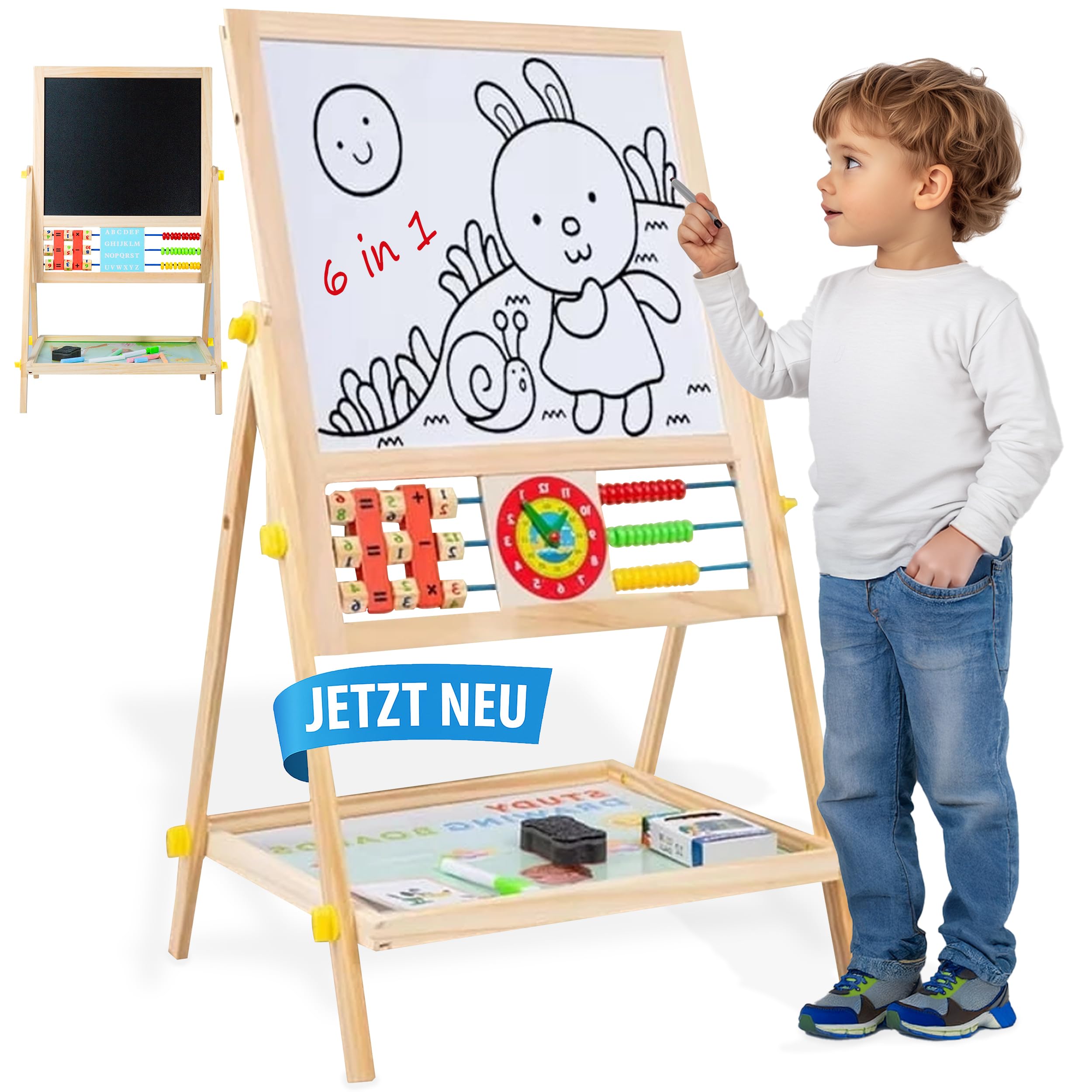 Montessori Board - Holztafel 6 in 1 – Magnetkreide Tafel für Kinder, Doppelseitig, Höhenverstellbar, Kreativitätsfördernd, Ideal für Lernen, Malen & Zählen, 1-6 Jahre