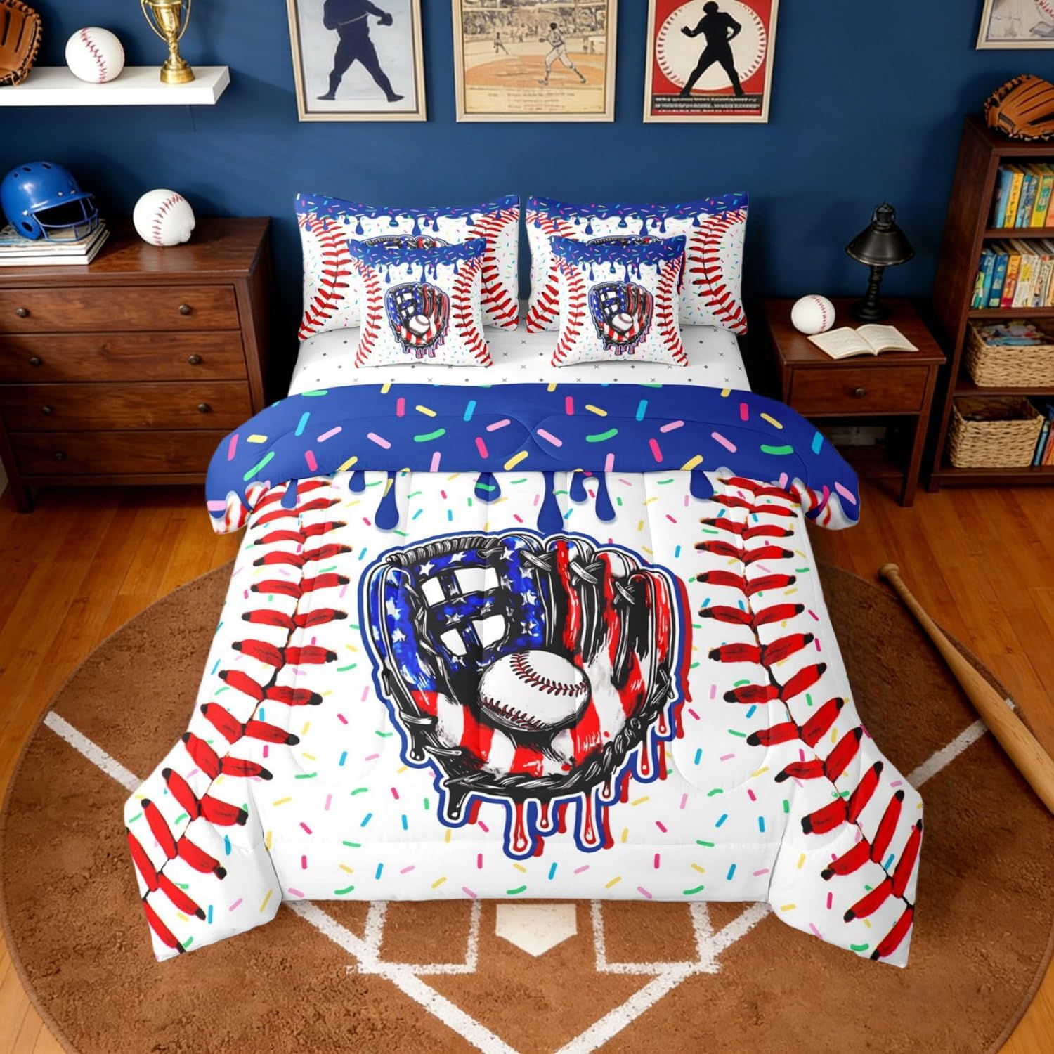 Erosebridal 7 Pcs American Flag Baseball Bedding Set for Boys Cute Ice Cream Drip Comforter Set with Sheets Twin Patriotic Themed Bed in A Bag for Kids Adults Bedroom Baseball Lovers Sports Bed Sets