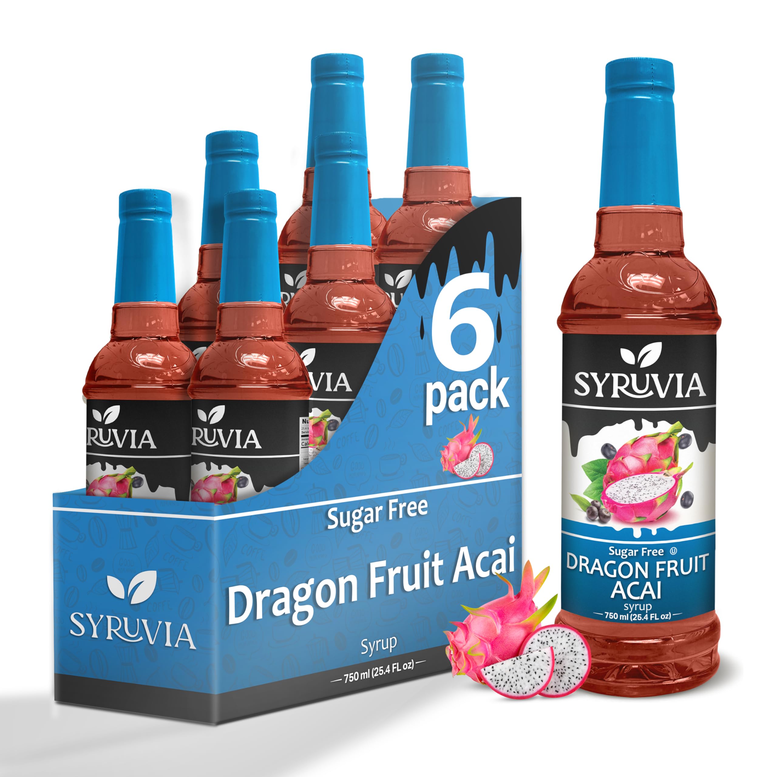 Sugar-Free Dragon Fruit Acai Syrup by Syruvia 6-Pack, 25.4 fl oz, Wholesale Coffee Syrup Shops, Cafes, Baristas, Bistros, & Beverage Bars, Bulk Kosher