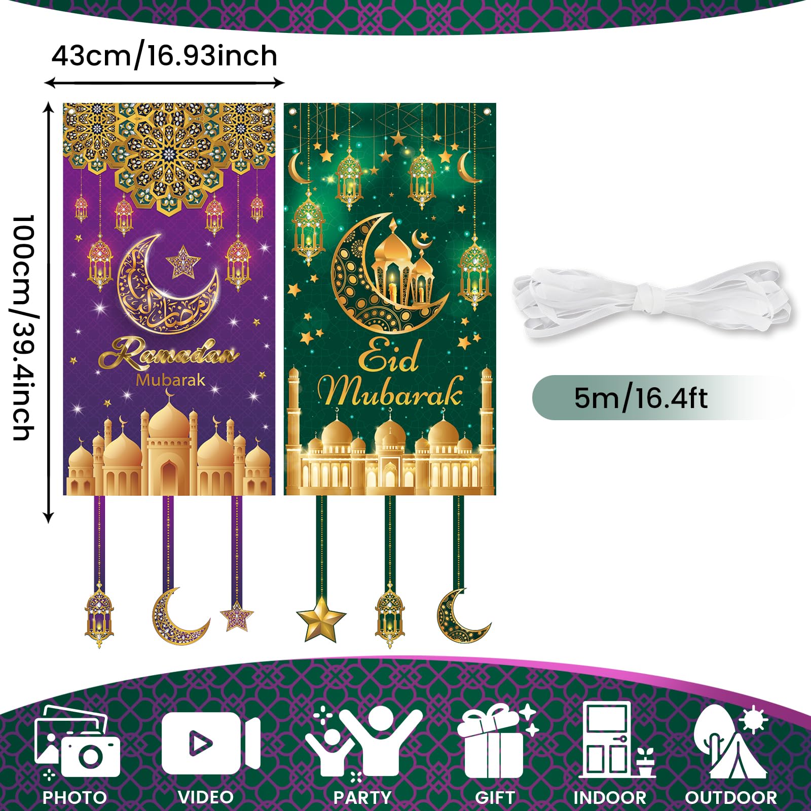 PartyYaa Eid Mubarak & Ramadan Mubarak Banner Set, Eid Ramadan Decorations Combination - Image 2