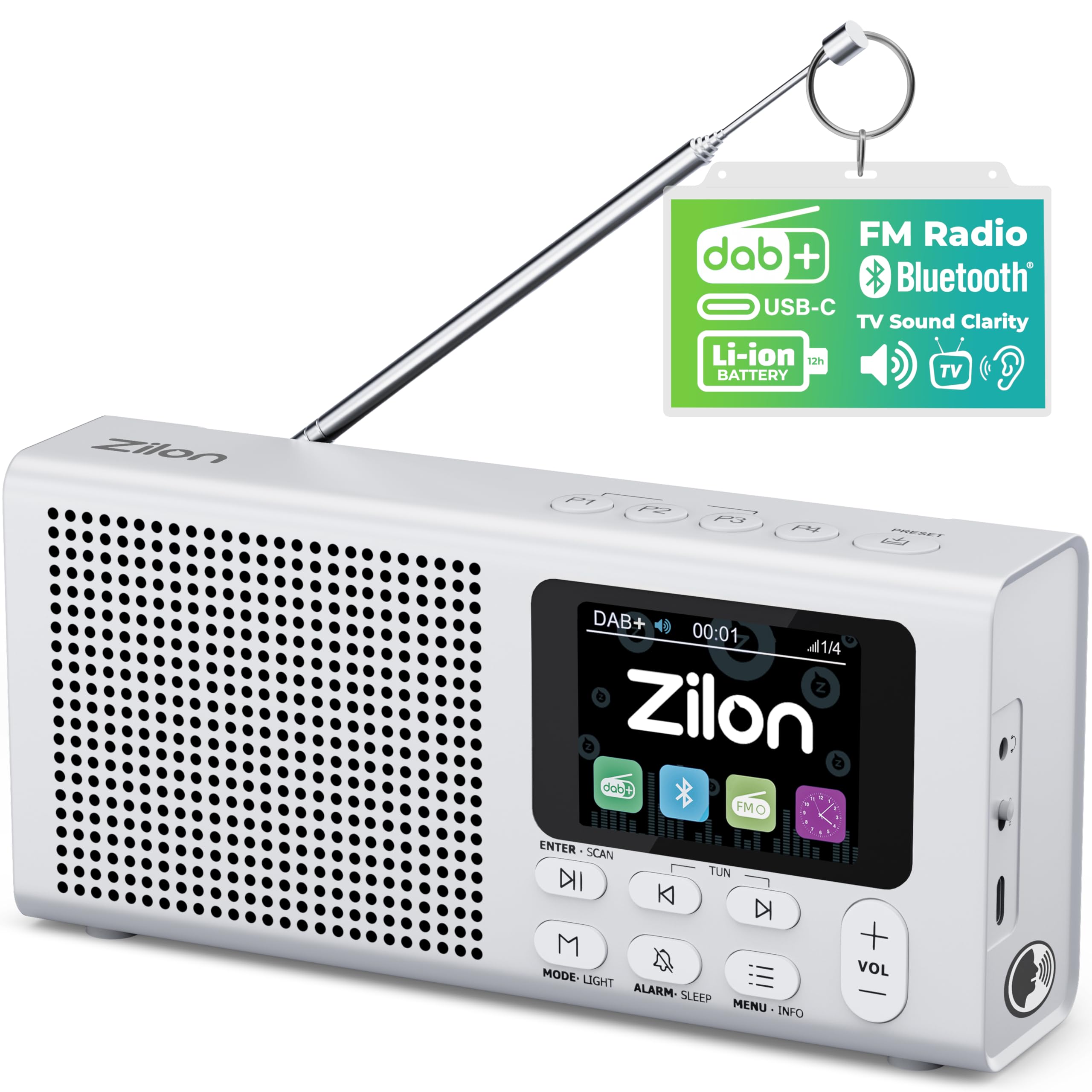 ZILON Radio Portatil Digital Dab+ FM Bluetooth Recargable Kit Emergencias - Altavoz Compacta Mediana con Bateria 2200mAh USB C Pantalla LCD Color Ideal para Cocina Camping Alarma Reloj TV y Trabajo