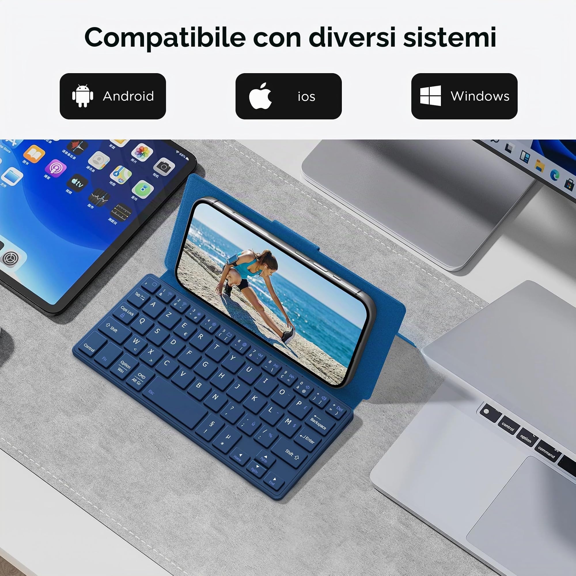 CACOE Tastiera Bluetooth pieghevole, mini AZERTY senza fili tastiera a doppio canale | Tastiera Bluetooth per iPad/Phone/Tablet, Android, Windows con supporto e ultra piatto, blu oceano
