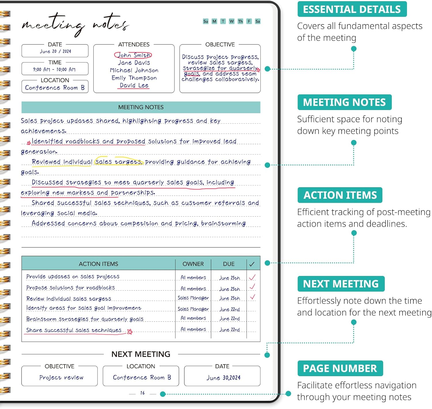 Taja Meeting Notebook for Work Organization – Work notebook with action items, Meeting Minutes Planner Notebook, Perfect Office Supplies for Men & Women – Black