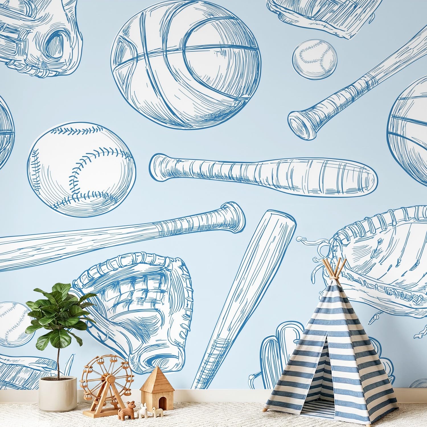 Tapeta koszykówka kije baseballowe rękawice sportowe panoramiczne 3D rysowane ręcznie świeże aktywna sportowa grafika olbrzymia tapeta 3D salon, sypialnia, pokój dziecięcy dekoracja ścienna 500 x 280