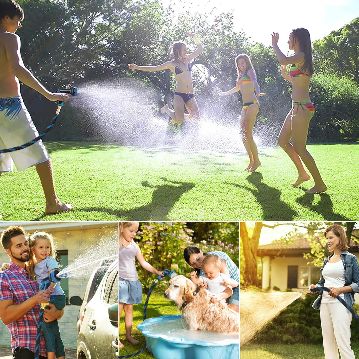100ft Garden Hose - Water Hoses w/10 Function Spray Nozzle, 2025 New Superior Strength Flexible Hose, 3/4" Brass Connectors- Leakproof Lightweight Water Pipe for Gardening(Blue Black)