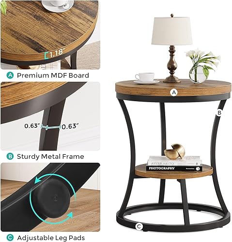 Miniatura 5 de Juego de 2 mesas auxiliares redondas, mesa auxiliar industrial de 2 niveles, mesita de noche con marco de metal para sala de estar, dormitorio,