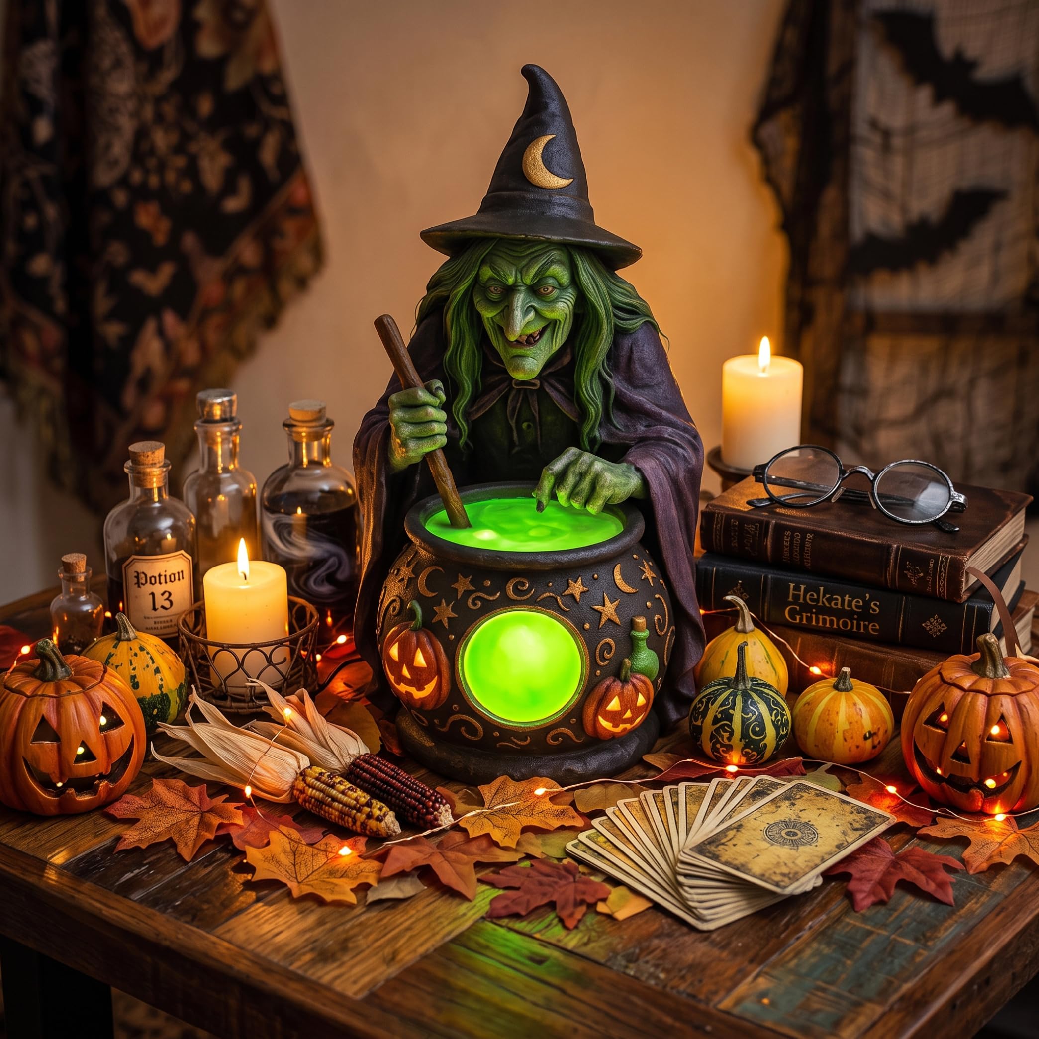 Lampada da strega di Halloween, strega di Halloween con calderone, decorazione a doppia funzione e lampada da tavolo, cappello nero