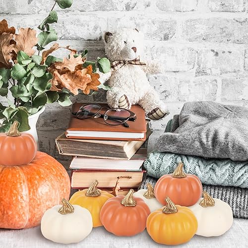 Miniatura 5 de AnyDesign 12 calabazas artificiales, mini calabazas de espuma falsas color naranja, calabazas de cosecha sintética naranja para otoño, Acción de