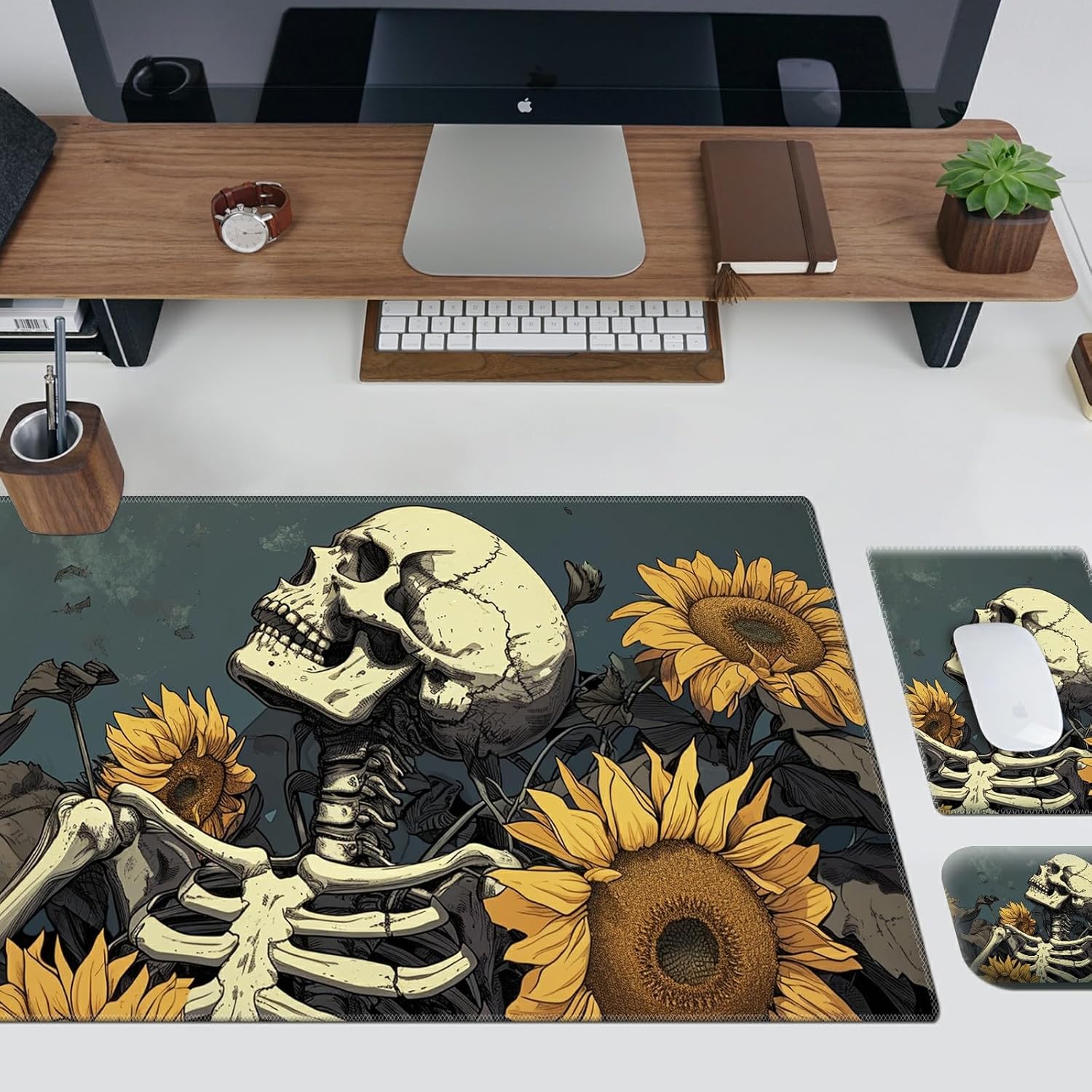 Ergonomic Desk Pad Mat & Keyboard Wrist Rest Set, 3-in-1 Office Mouse Pad with Memory Foam Support, Non-Slip Computer Blotter for Home, Gaming & Writing, 23.6" x 11.8" Sunflower Skull