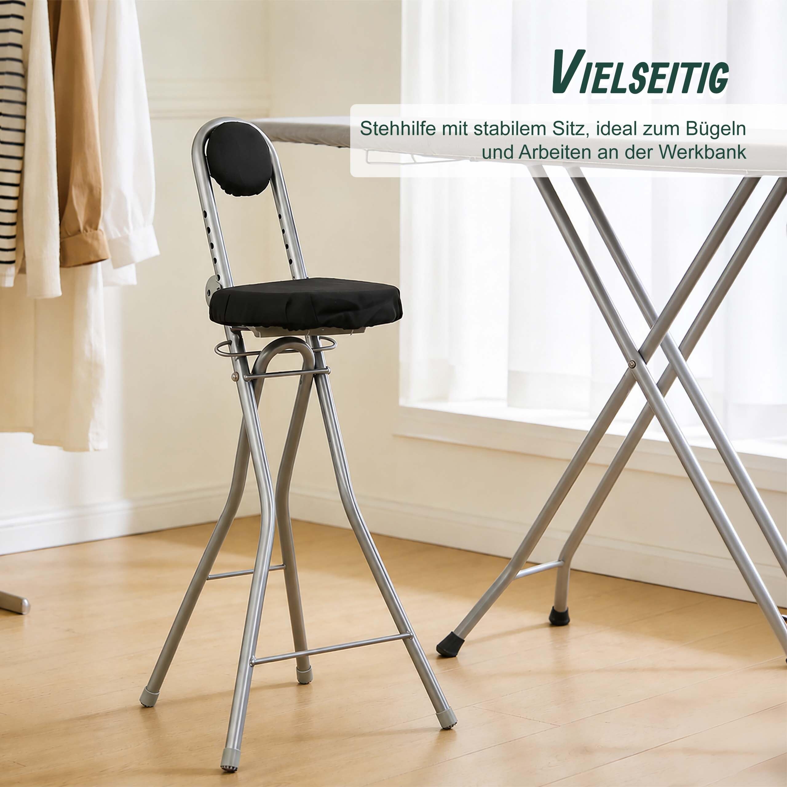 Relaxdays Stehhilfe, 58–73 cm höhenverstellbar, schwarz/Silber | 100 kg belastbar, Büro & Haushalt, klappbarer Stehstuhl
