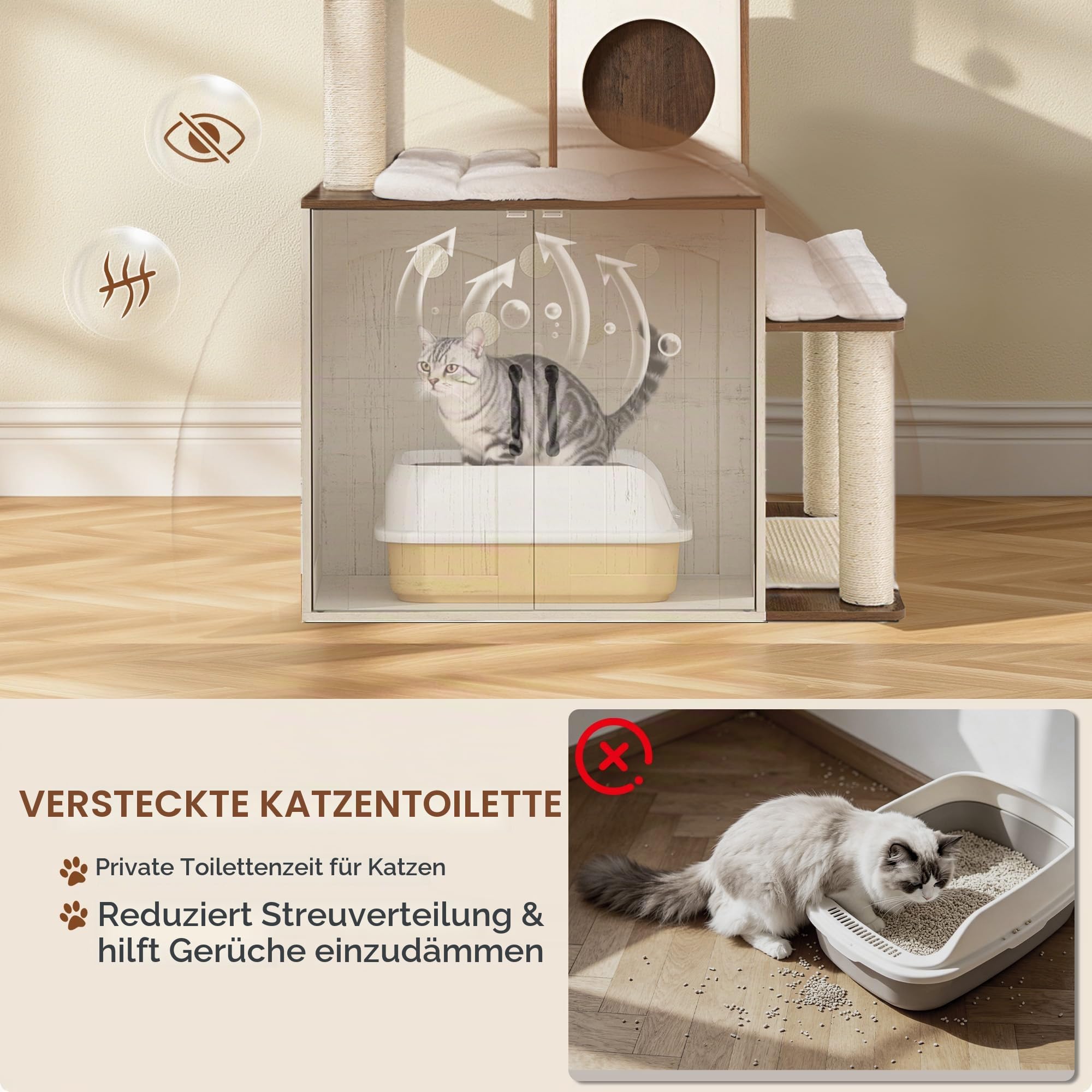 Kratzbaum mit Katzenklo Schrank, 190 cm Katzenbaum Weiß und Braun | Sisalstämmen, Sprungplattform, 2 Höhlen, Körbe, Ruheplattform, Waschbares Kissen, 2-in-1 Katzenkratzbaum XXL FPMS013PWR1