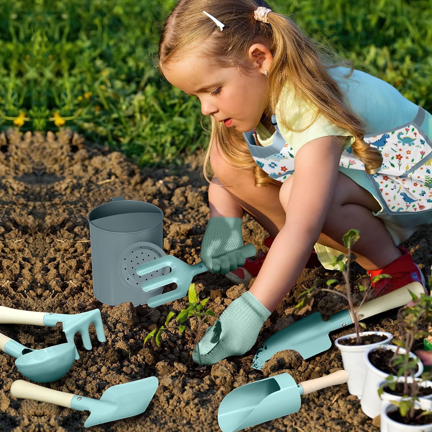 Kids Gardening Set 14Pcs Gardening Tools for Kids with Tote Bag,Watering Can, Shovel, Apron, Garden Book and More Educational STEM Learning Outdoor for Toddlers Boys Girls (Dinosaur Blue)