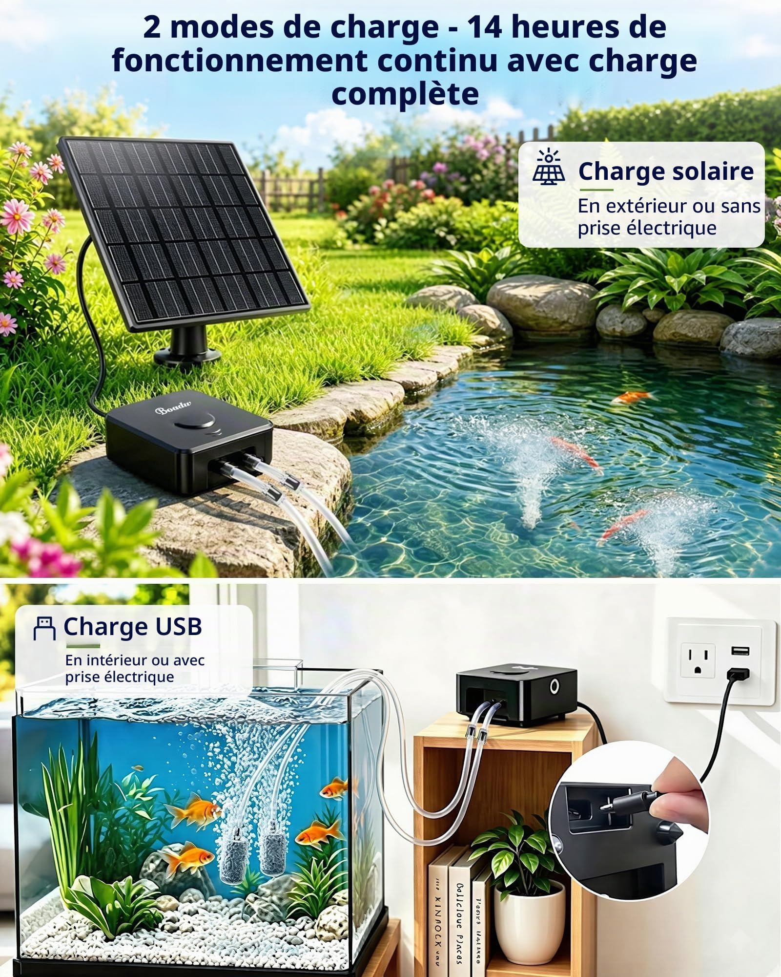 Pompe à oxygène Solaire 6W 4400mAh – Aérateur Bassin avec 2 Pierres à air, antigel – Fonctionne par Temps Nuageux, Jardin et pêche