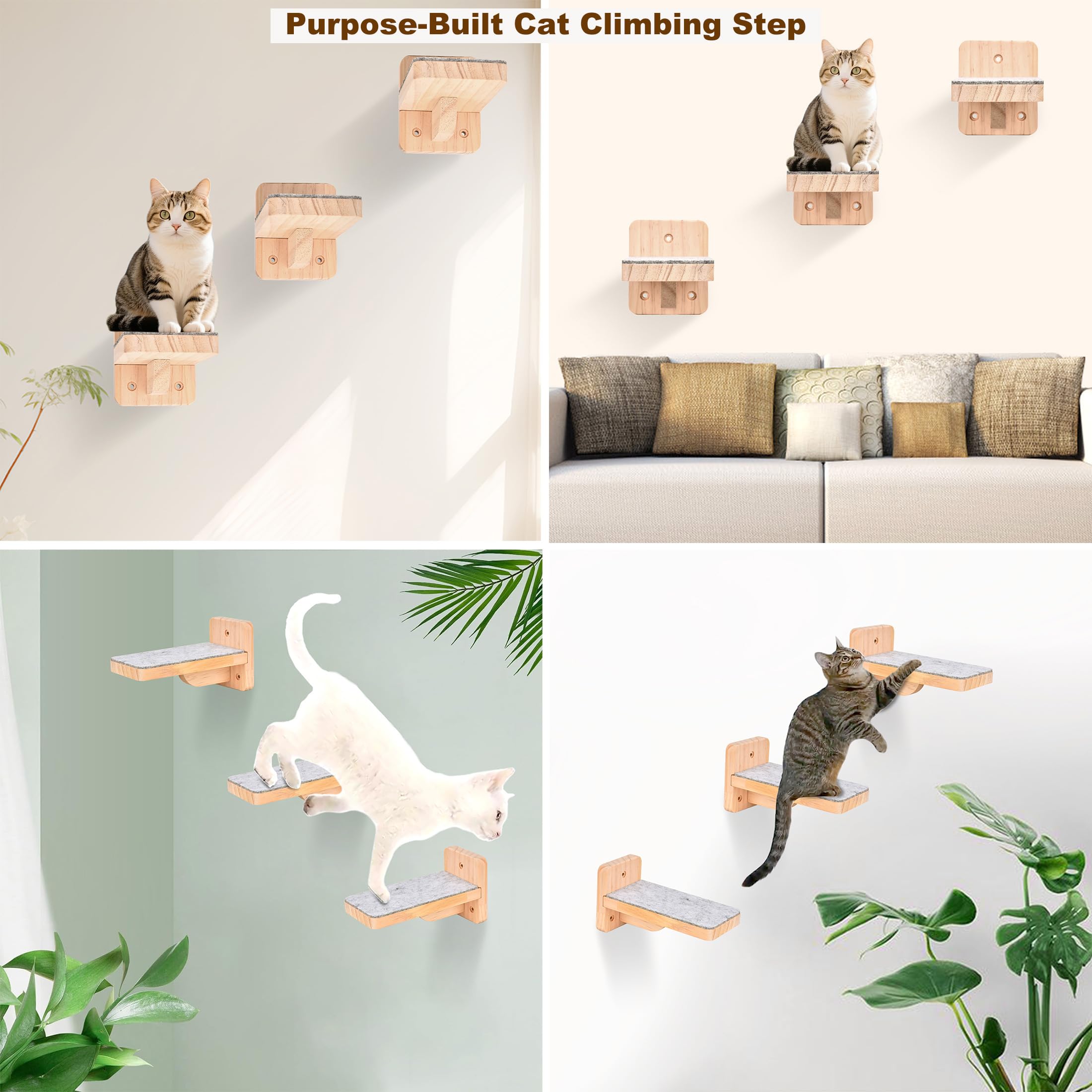Percorso Gatti da Parete Arrampicata 3 Gradini Mensole per Gatti da Muro Scalini Percorsi per Gatto Scaletta da Parete di Legno Interno Set da 3