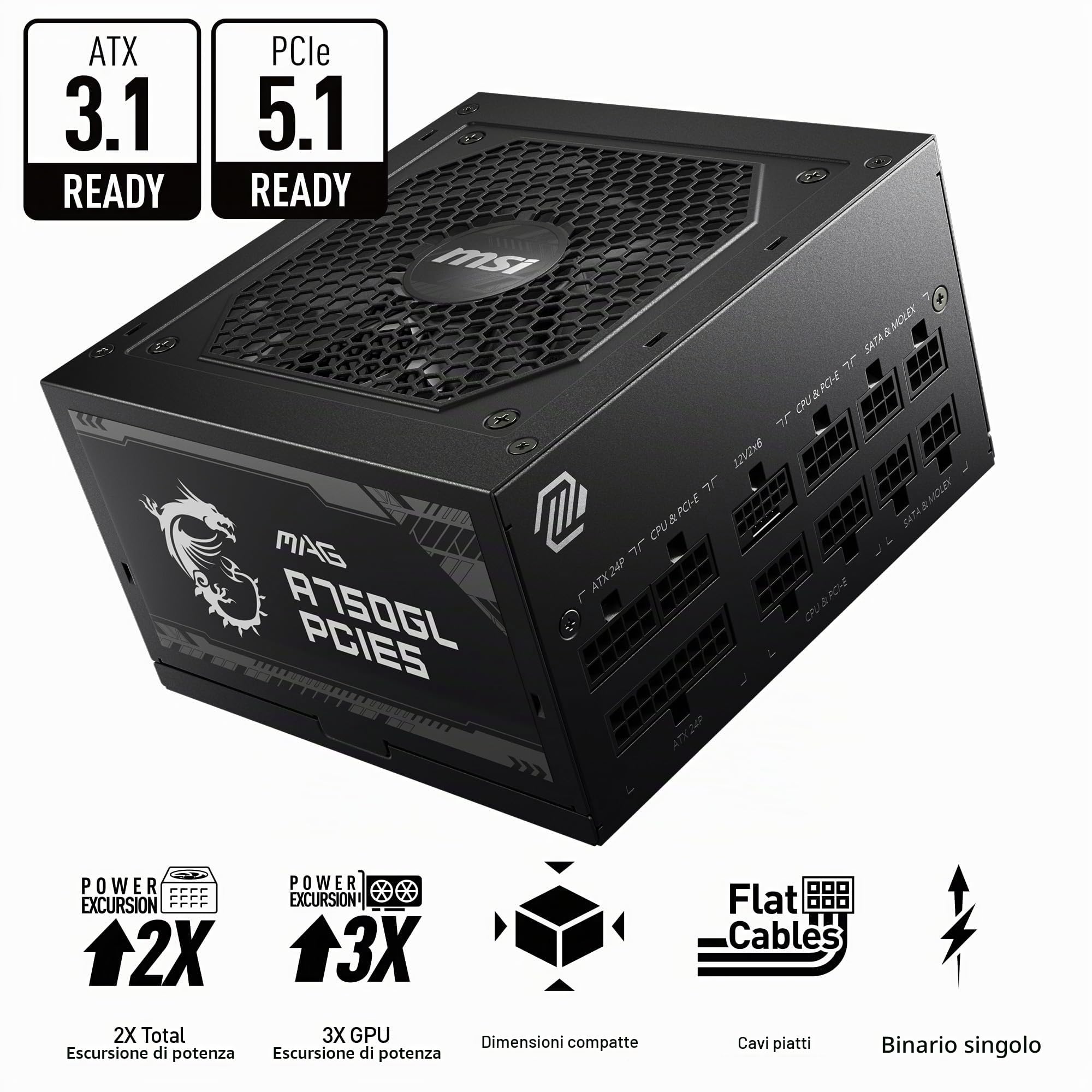 MSI MAG A750GL - Alimentatore PCIE5, 750 W, 80 Plus Gold, completamente modulare, ATX 3.0, supporto GPU PCIe 5.0, cavi piatti neri, garanzia 7 anni