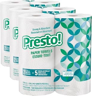 Amazon Brand - Presto! 2-Ply Paper Towels, Strong and Absorbent, Flex-a-Size, Kitchen Multipurpose, 128 Sheets, 6 Rolls (3 Packs of 2), White