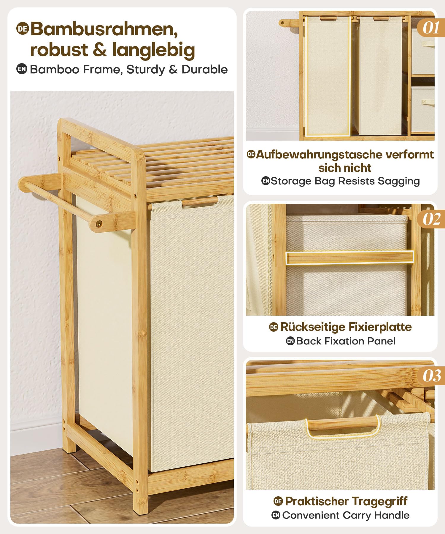 Yorbay Cesto portabiancheria a 3 scomparti, in bambù, 140 l, con ripiano, porta asciugamani e piccole tasche laterali, per bagno, camera da letto e lavanderia, 87 x 41 x 77 cm, beige