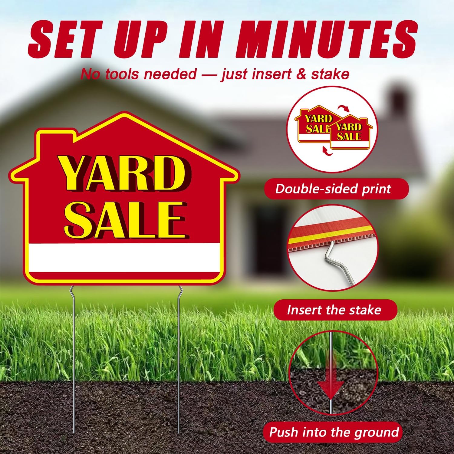 Yard Sale Signs with Stakes – 9-Piece Set, Double-Sided Garage Sale Signs (16 x 12 in) + Directional Arrow Signs (16 x 6 in), Metal Stakes, Write-On Area, Outdoor Weather-Resistant