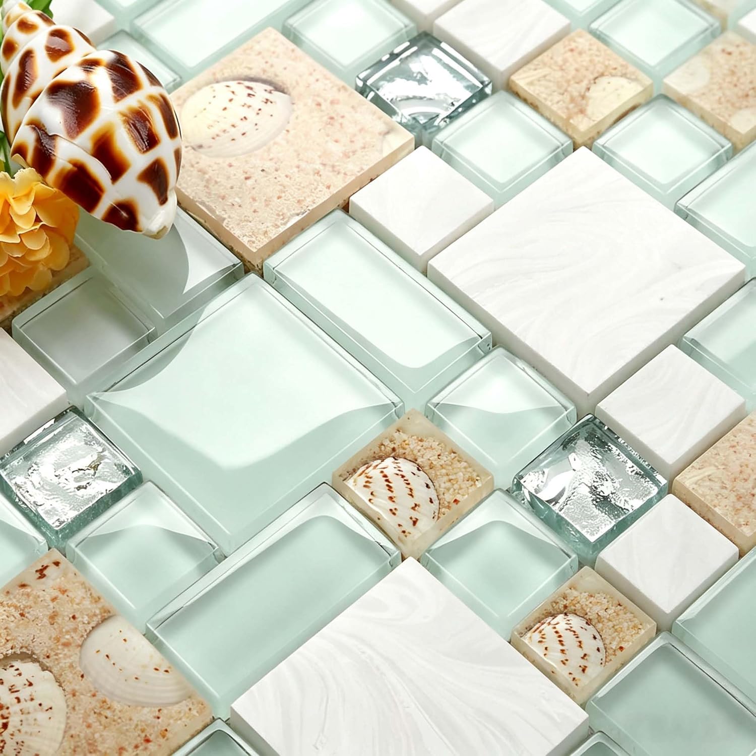 Coastal Glass Stone Mosaic Tile Seafoam Green Shell Backsplash 5 Sq Ft | Beach House Style, Moisture Resistant for Wet Indoor, Kitchen Decor, Bathroom Walls, and Shower Accents