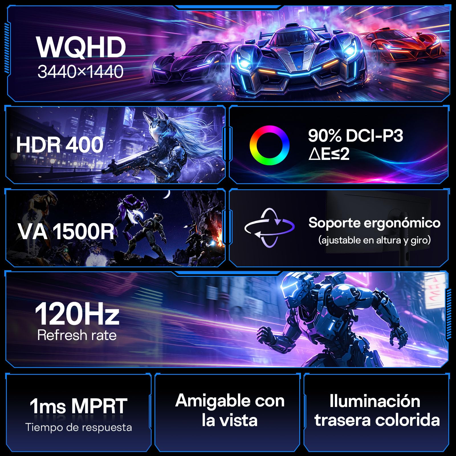 HKC Curvo Monitor Gaming 34 Pulgadas UWQHD(3440x1440) VA 120Hz, 1ms MPRT