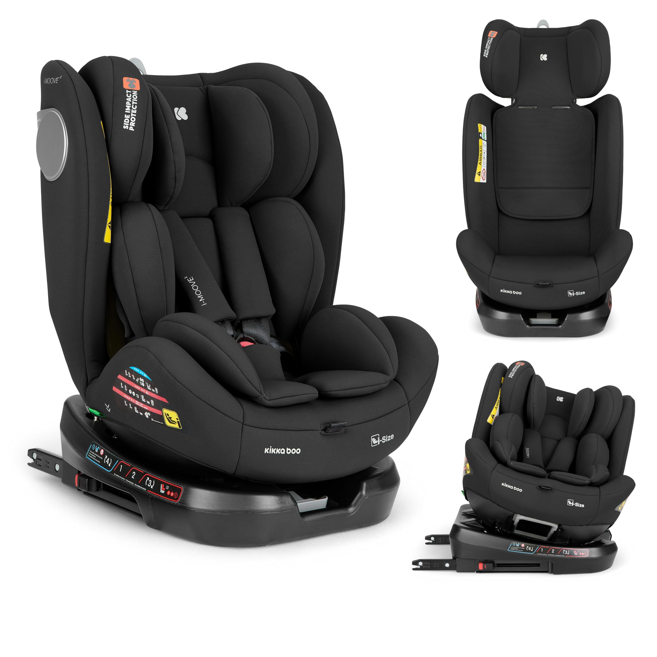 KikkaBoo Fotelik Samochodowy i-Moove 2 i-Size, 40–150 cm, Obrót 360°, ISOFIX, Tyłem i Przodem do Jazdy, Regulowany Zagłówek, Funkcja Pochylania, Czarny
