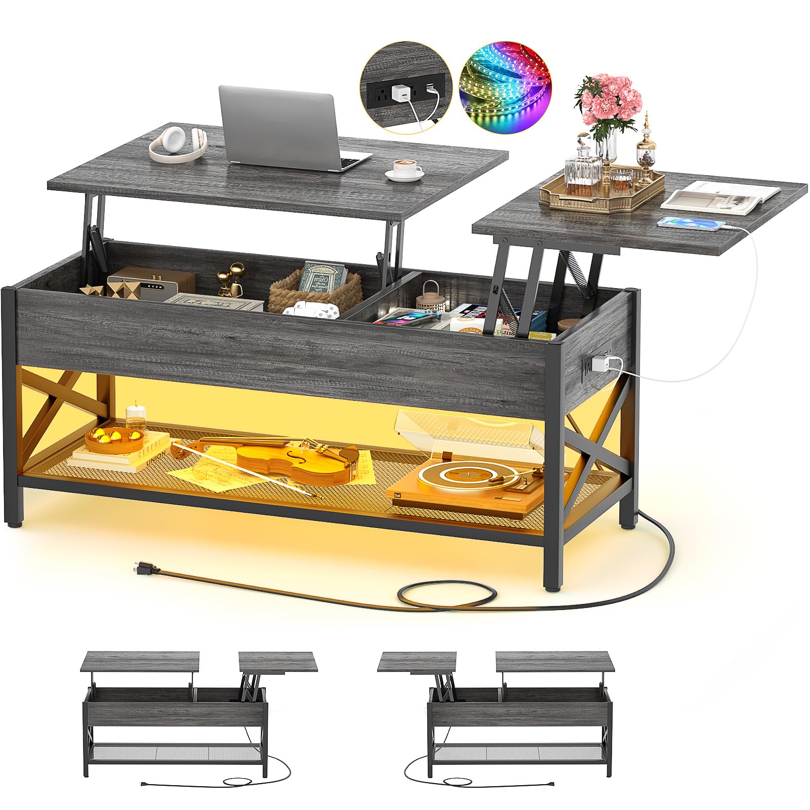 Aheaplus Lift Top Coffee Center Table with LED Light and Power Outlet, Modern Table with Storage Shelf for Living Room, Lift Tabletop, X Support, Metal Frame, Black Oak