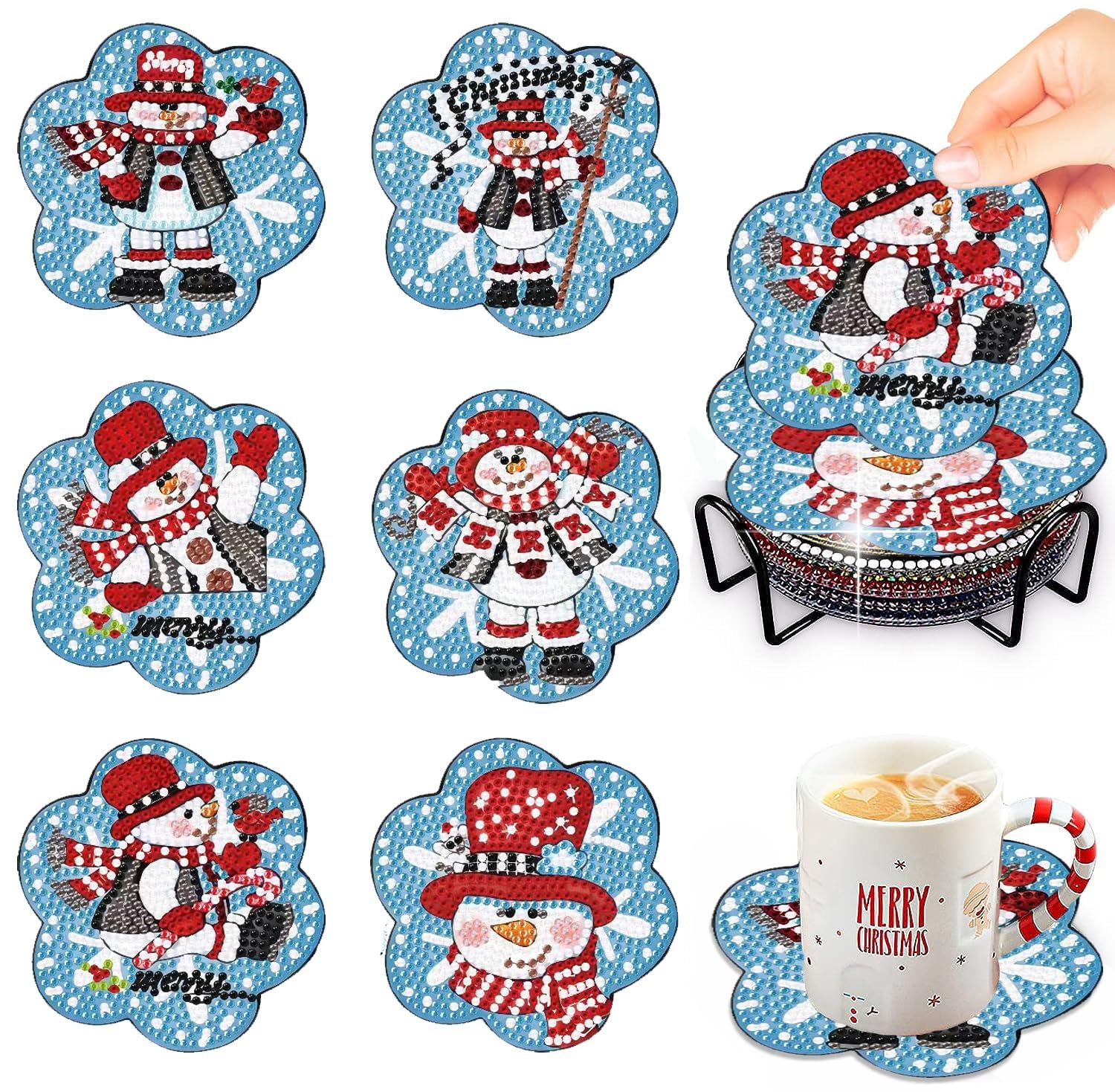 Meothan 6 Pcs Diamond Art Coaster Kits With Holder - Christmas Snowman Diamond Painting for Adults Beginners - 5D Gem Art Dots Paintings With Cork Pads - Crafts Supplies