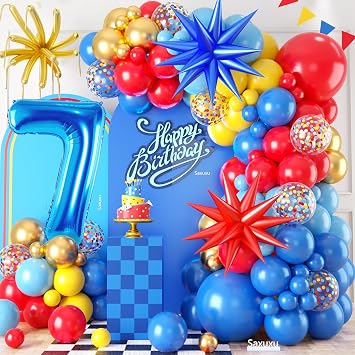 Red Yellow Blue Balloon Garland Arch Kit with Navy Blue 40 Inch Number 7 Balloon, 7th Birthday Decorations for Boy with Star Foil Balloons for 7 Year Old Theme Party Baby Shower Graduation