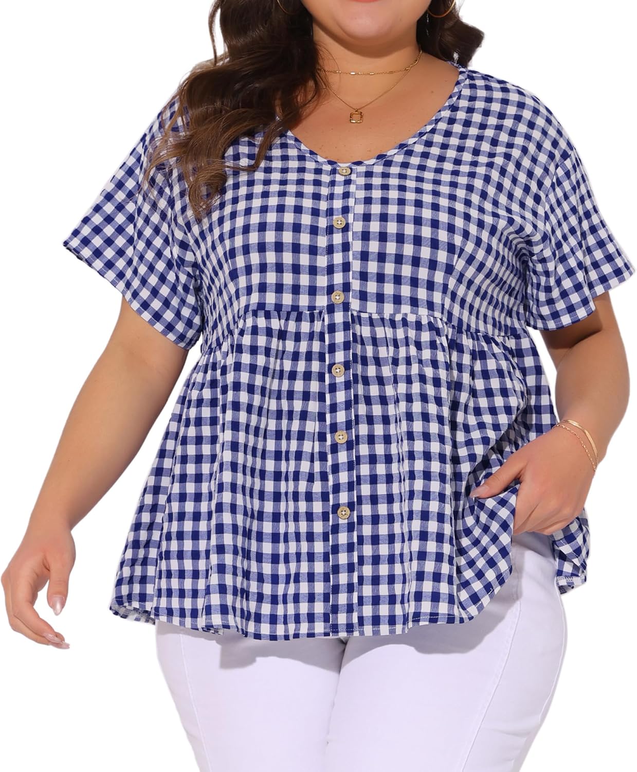 Agnes Orinda Plus Size Gingham Tops for Women 1950s Plaid Short Sleeve V Neck Summer Babydoll Peplum Top Blouse