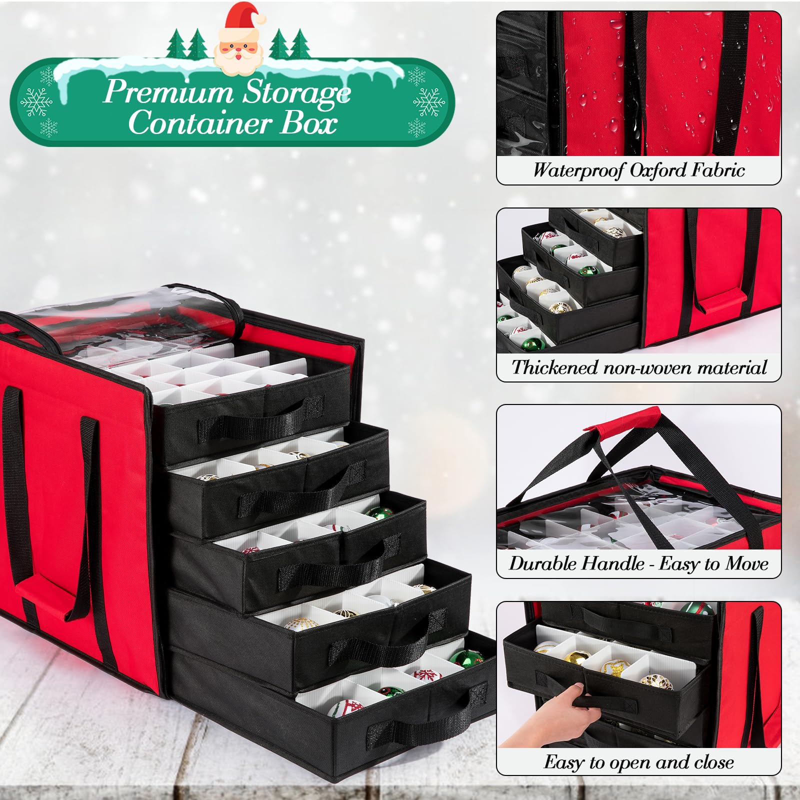 Aufbewahrungsbehälter für Weihnachtsdekoration, mit 5 Schubladen, Trennwänden, großer Organizer, einfacher Zugriff, verstellbare Fächer für Weihnachtskugeln, Figuren