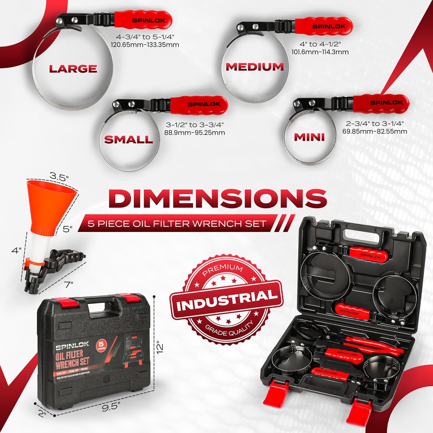 Spinlok 5-Piece Swivel Oil Filter Wrench Set with Stainless Steel Band & Adjustable Oil filter Pliers Cover 2-3/4” to 5-1/4”, 9” & 12” with Non-Slip Grip Organized in Sturdy Tool Set & Oil Funnel