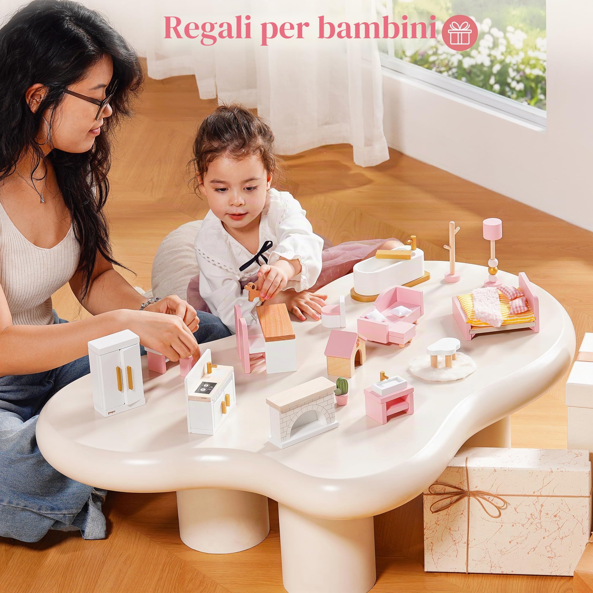 ROBUD Set di mobili per casa delle bambole in legno, 28 pezzi, accessori per mobili delle bambole, camera da letto, cucina, soggiorno, bagno, sala da pranzo, regalo rosa per bambini