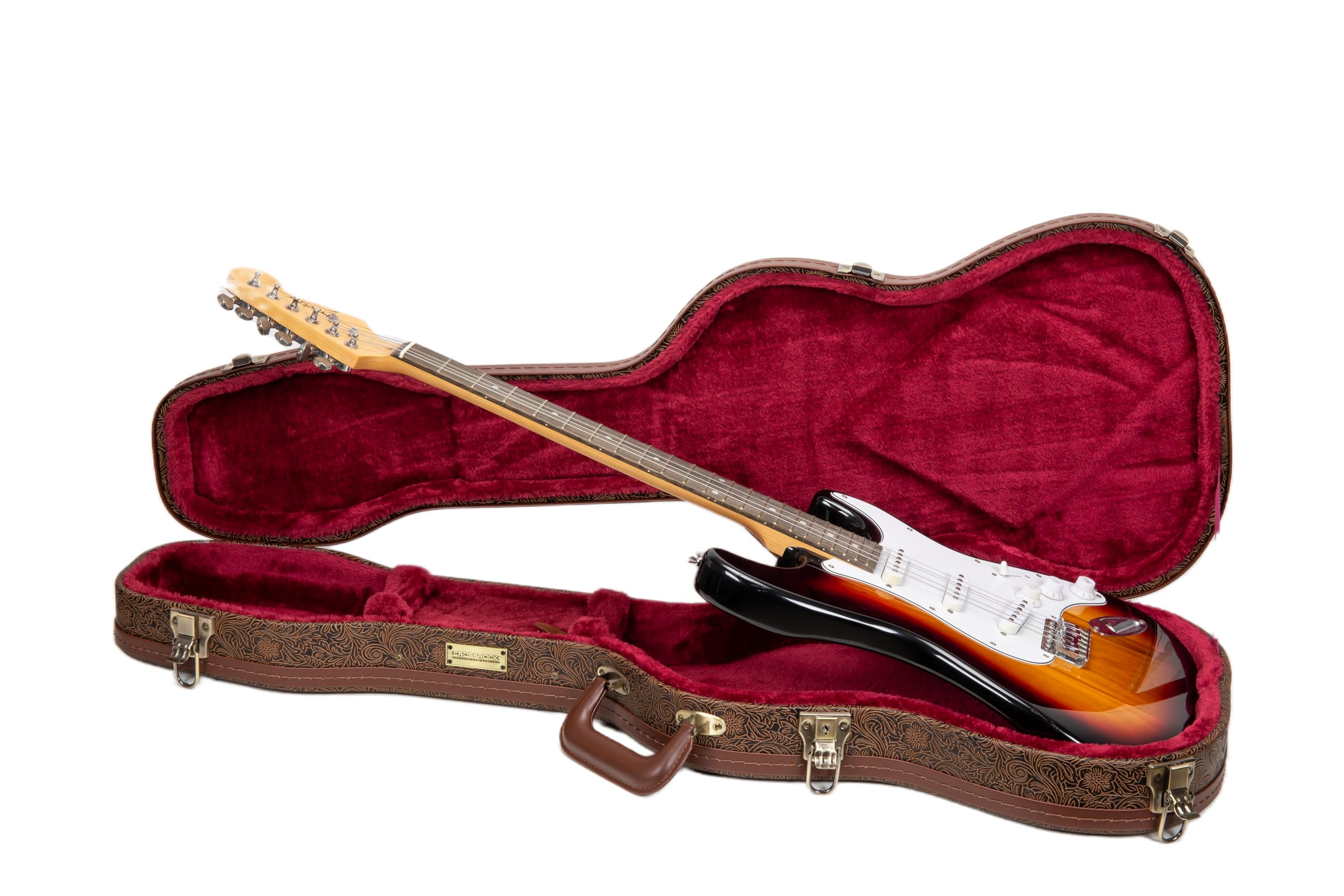 Crossrock Étui Guitare électrique profilé en Bois pour Fender Stratocaster & Telecaster | Finition Marron Blossom, intérieur Velours Bordeaux, Serrure – Série Designer (CRW530STBQ)