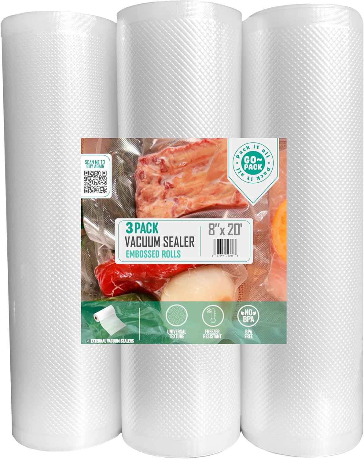 Vacuum Sealer Bags 8x20 Rolls 3 pack for External Vacuum