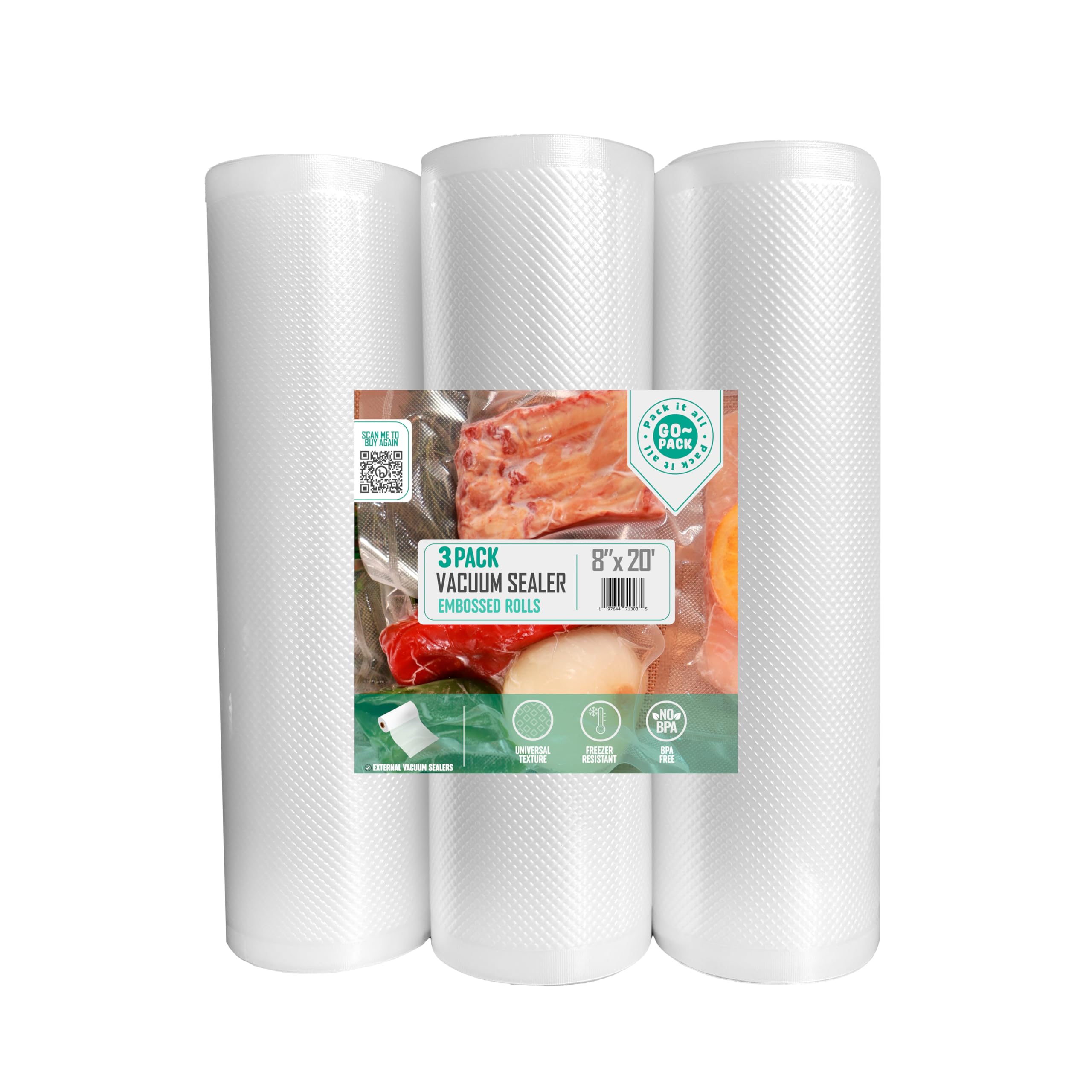 Vacuum Sealer Bags 8x20 Rolls 3 pack for External Vacuum Sealers, Seal a Meal, Weston. Commercial Grade, BPA Free, Heavy Duty, Great for vac storage, Meal Prep or Sous Vide