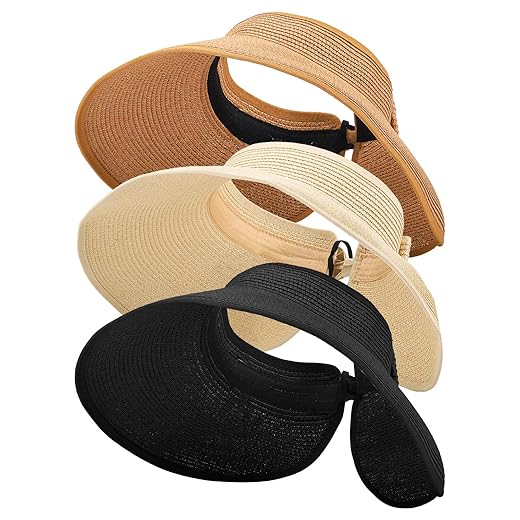 MEINICY 3PCS Foldable Straw Sun Visor Hats for Women, Wide Brim Ponytail Summer Beach Hat, Protect Your Skin Easily (Nature+Black+Beige 3PCS)…