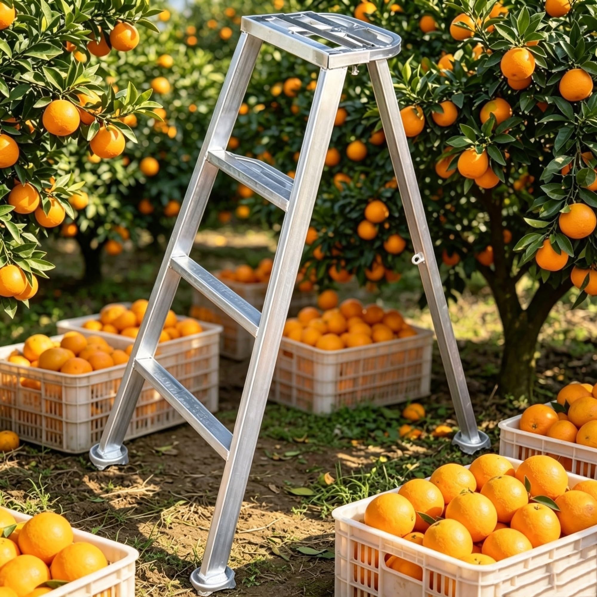 Escalera trípode de 4 peldaños para huerto, Escalera Alta para podar Ramas | Tubería galvanizada, plataforma ancha, escalera plegable para podar árboles en el jardín