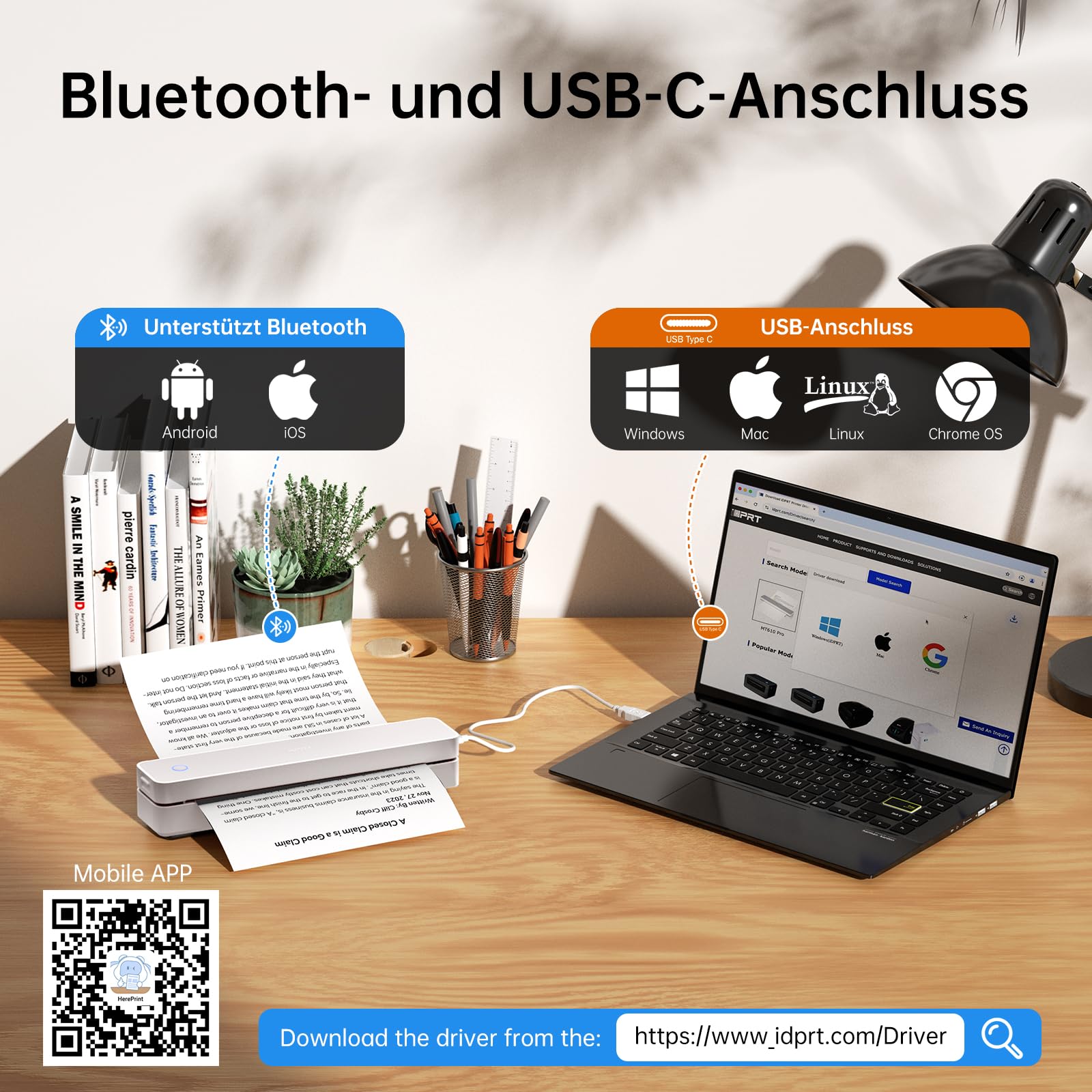 iDPRT tragbarer Thermodrucker, 300DPI Tintenloser Bluetooth-Kleine Mobildrucker Drahtlos für Reisen, Büro, Fahrzeuge, Heimgebrauch, Unterstützung A4 Thermopapier Kompatibel mit iOS, Android, PC, Weiß