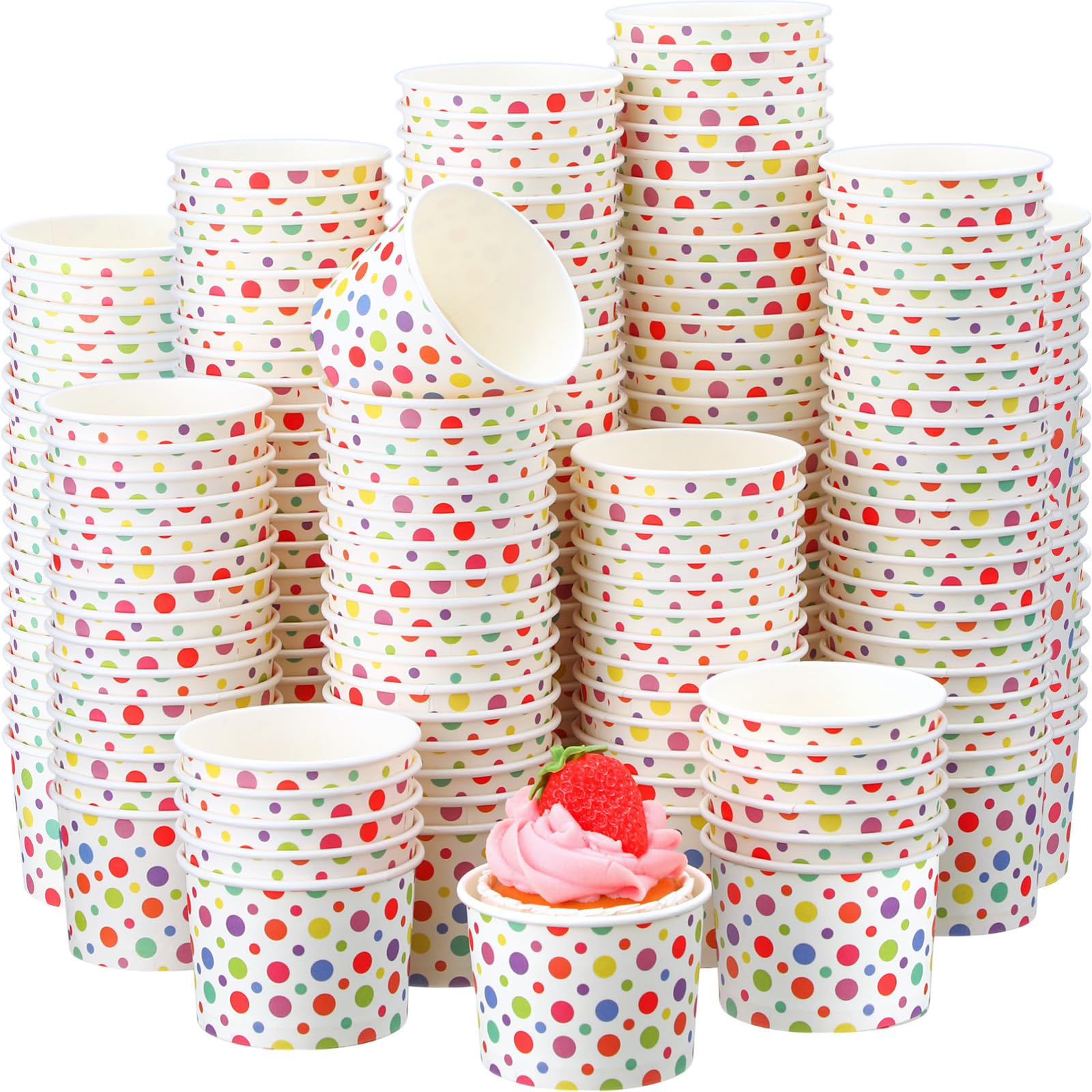 Honeydak Paquete de 400 vasos de helado de lunares arcoíris de 150 ml para fiestas, vasos de papel desechables para dulces, postres, aperitivos, yogur, boda, fiesta de cumpleaños