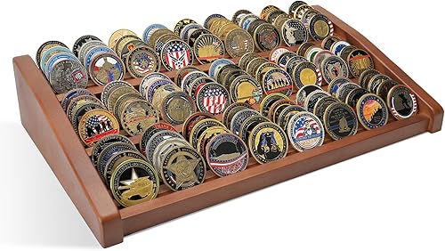 DecoWoodo Estuche de exhibición de monedas de desafío militar, soporte de monedas de madera de 12 filas con capacidad para 100 monedas, soporte de
