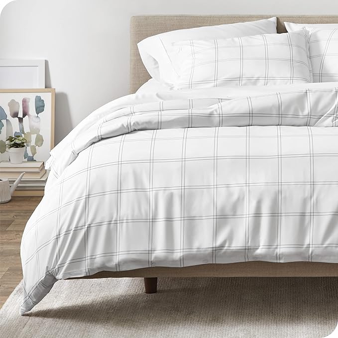 Bare Home Duvet Cover Queen Size - Premium 1800 Super Soft Duvet Covers Collection - Lightweight, Cooling - Soft Textured Bedding Duvet Cover (Queen, Windowpane - White/Mushroom)