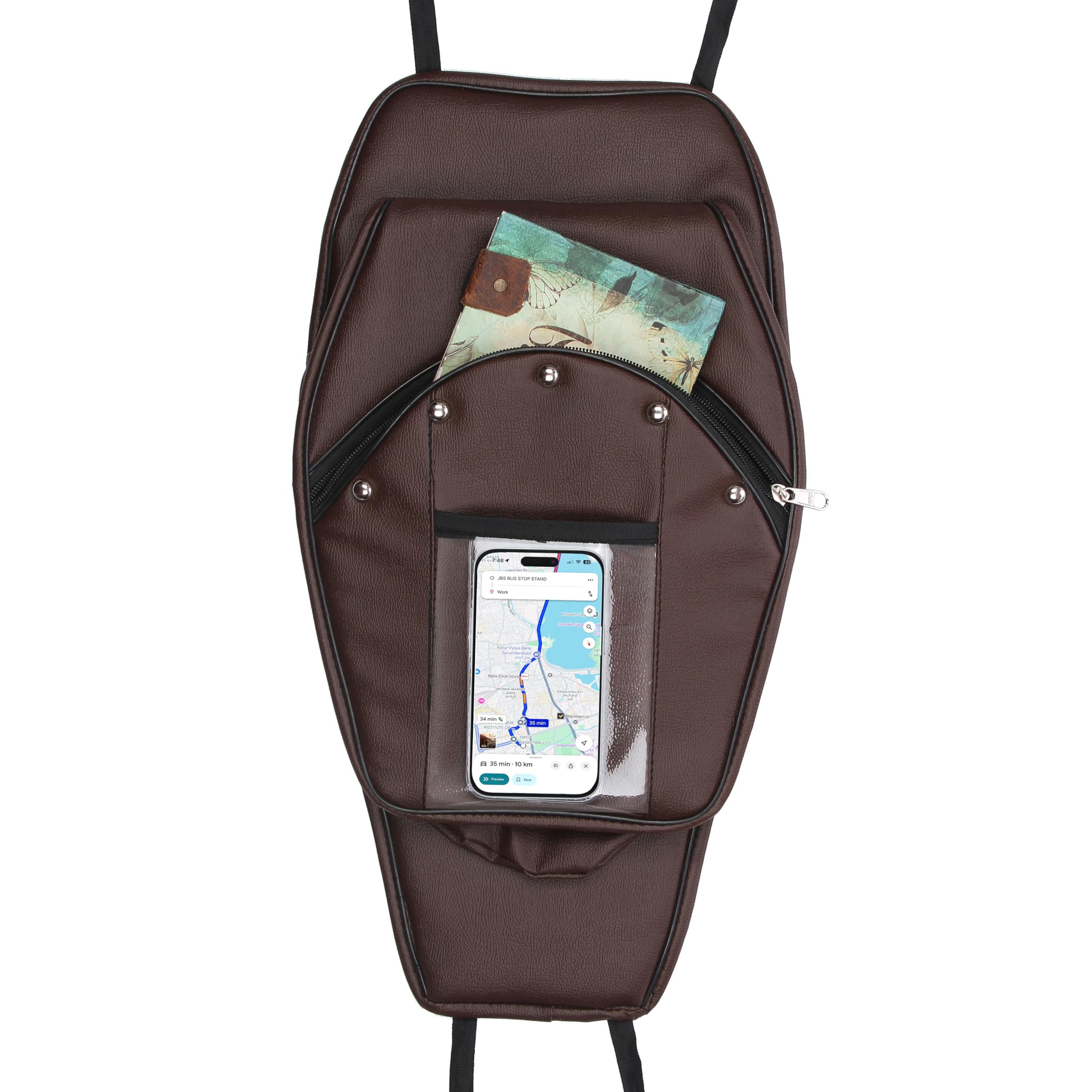 Motorcycle Tank Cover with Mobile Pouch for Bullet Classic 350/500 & Electra, PU Leather Tank Cover with Metal Detailing, Touch Screen Window & Hidden Safety Pocket (Brown)-image-22